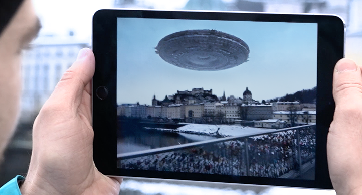 augmented reality UFO floating over city with Wikitude SLAM
