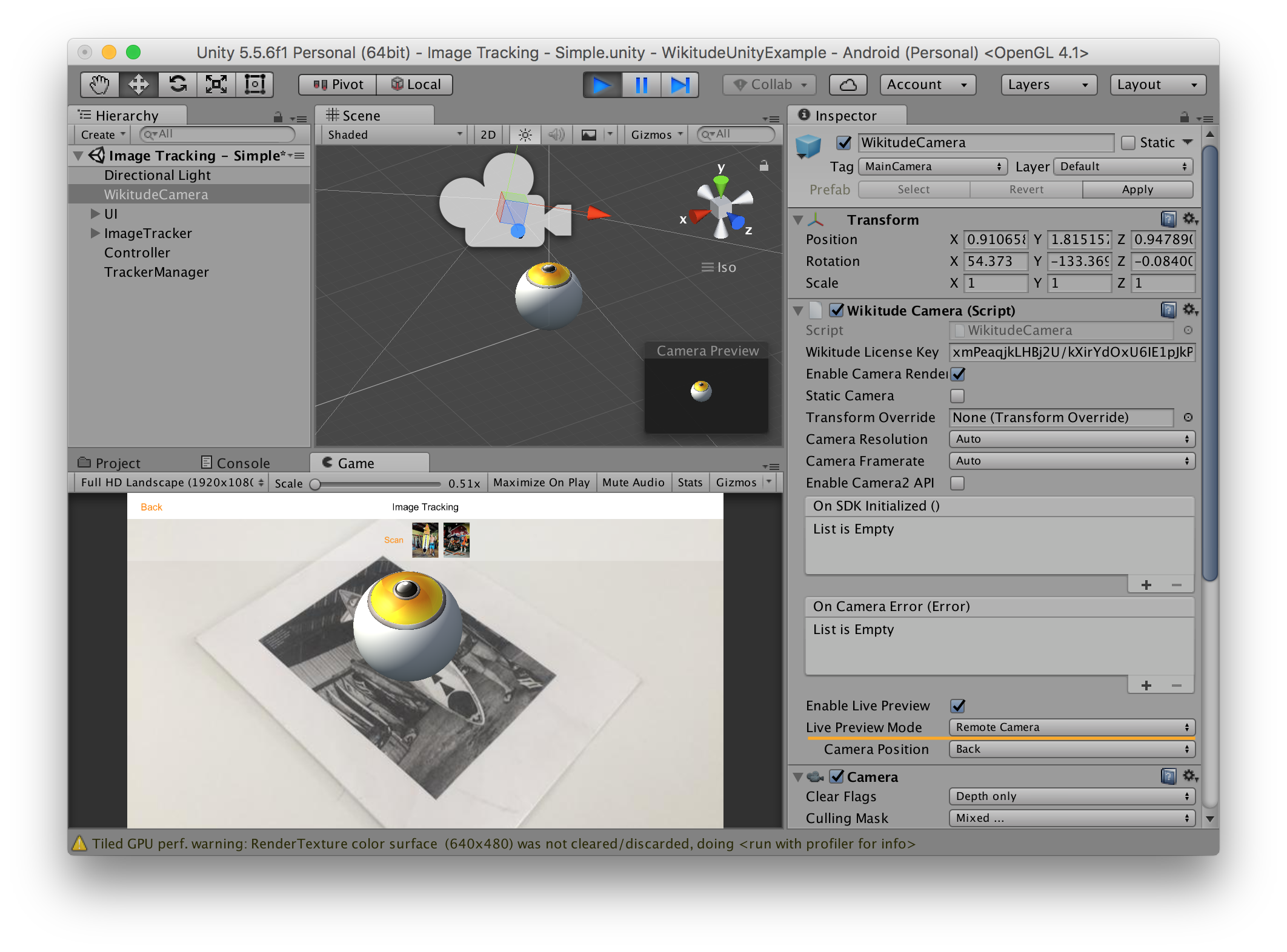 Image tracking in the Editor using the Unity Remote App