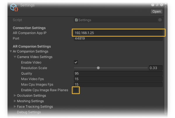 AR Foundation Editor Remote settings