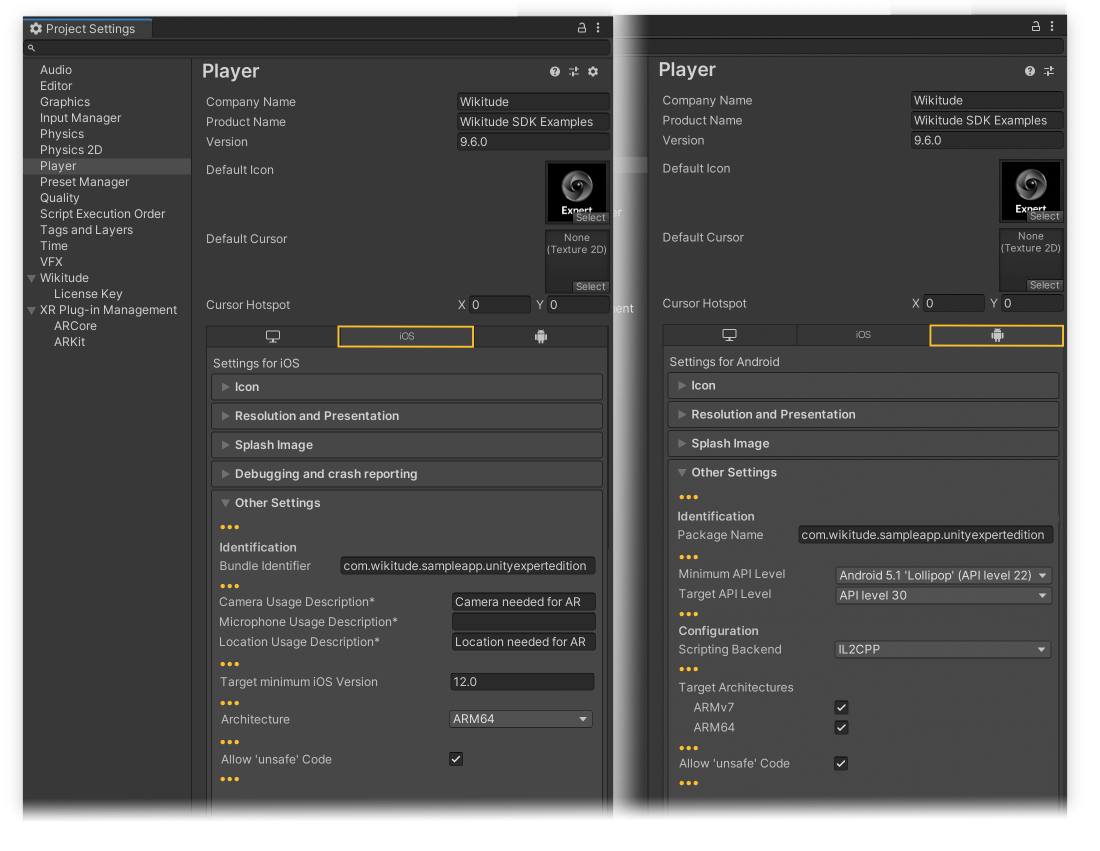 Required Unity Player settings